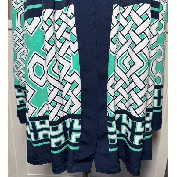 Susan Graver Liquid Knit Geometric Open Cardigan Sz 1X Teal Green Black Stretch - Picture 3 of 8